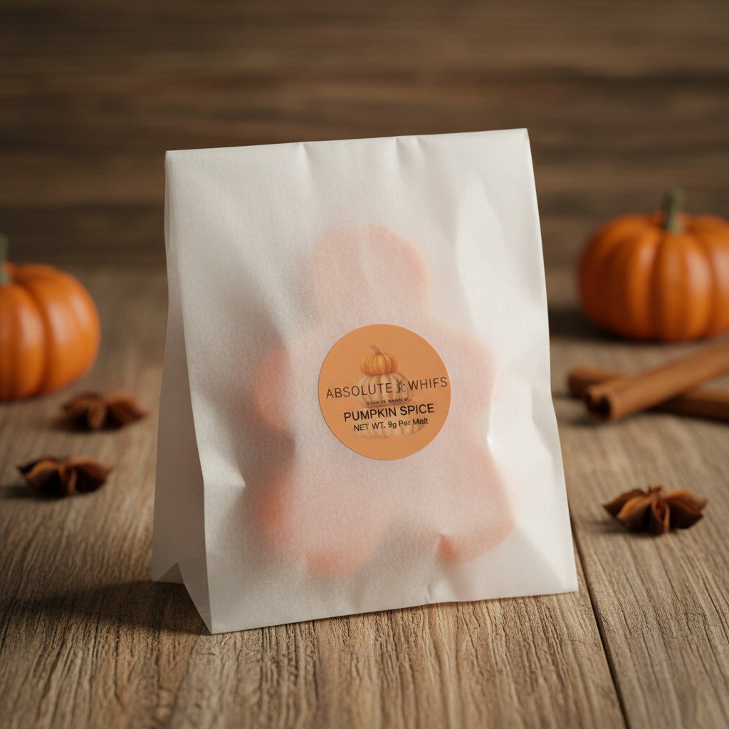 Absolute Whifs pumpkin spice wax melt in a semi-transparent paper bag on a wooden table with pumpkins and star anise.