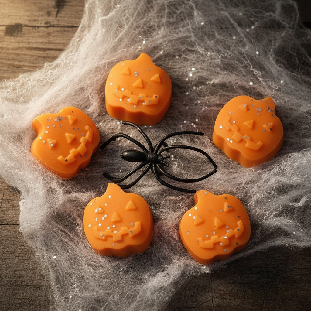 Absolute Whifs pumpkin shaped wax melts with glitter on a spooky spider web background with a plastic spider