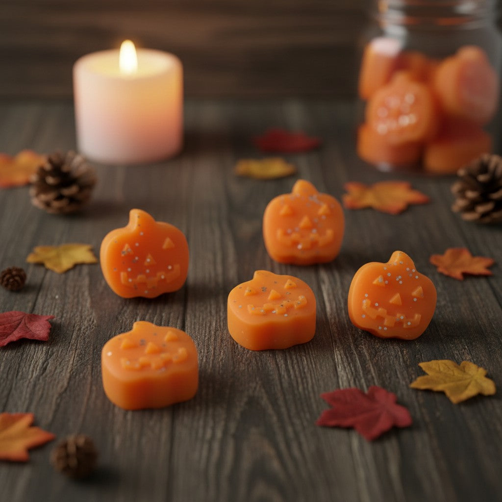 Absolute Whifs small pumpkin spiced wax melts with glitter on a rustic wooden table with autumn leaves and a lit candle.