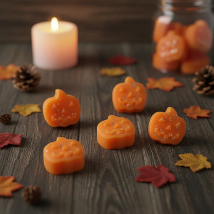 Absolute Whifs small pumpkin spiced wax melts with glitter on a rustic wooden table with autumn leaves and a lit candle.