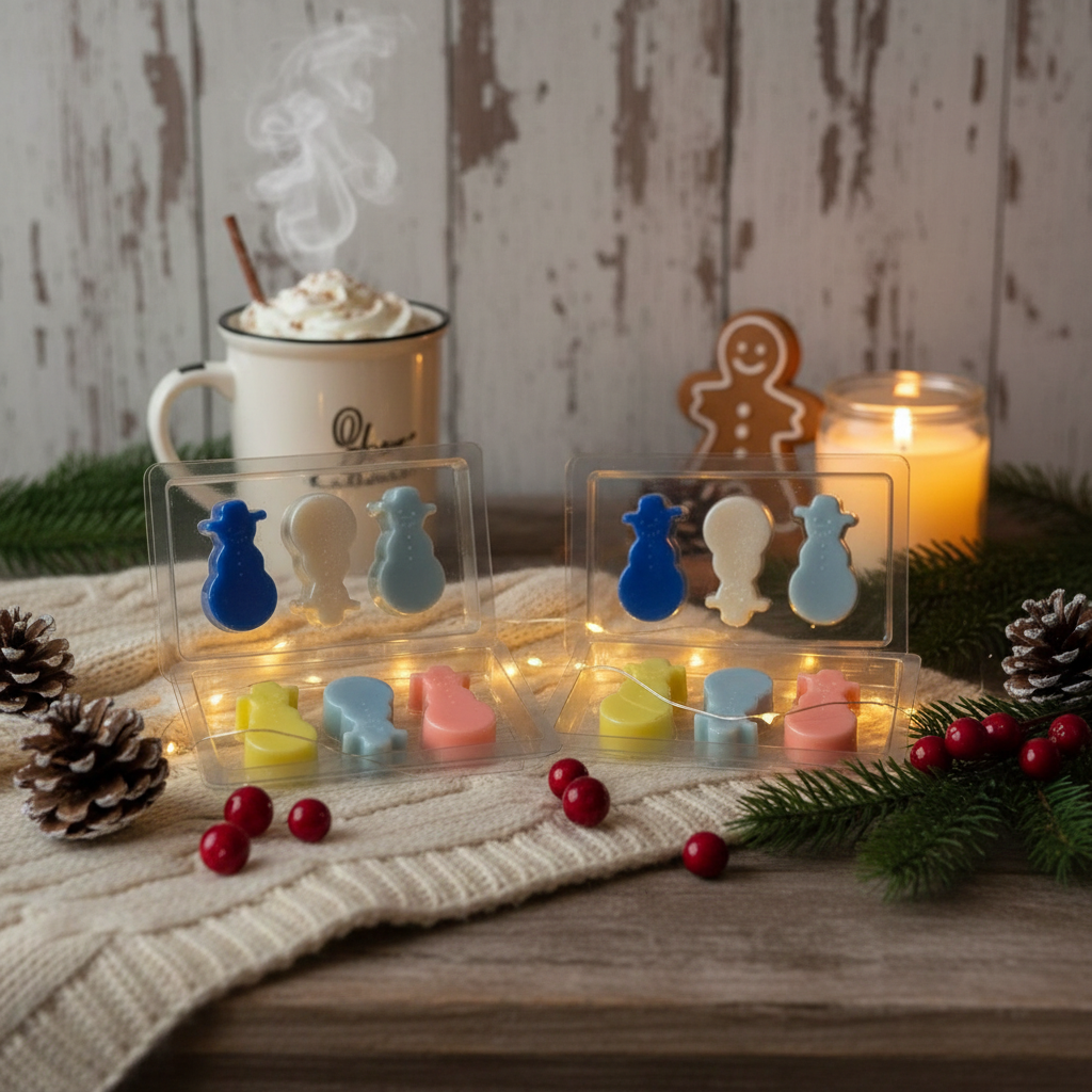 Snowmen shaped scented wax melts in festive packaging