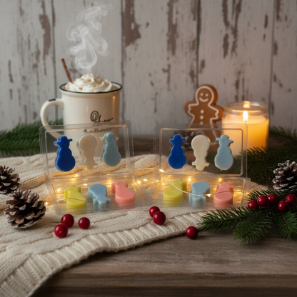 Snowmen shaped scented wax melts in festive packaging