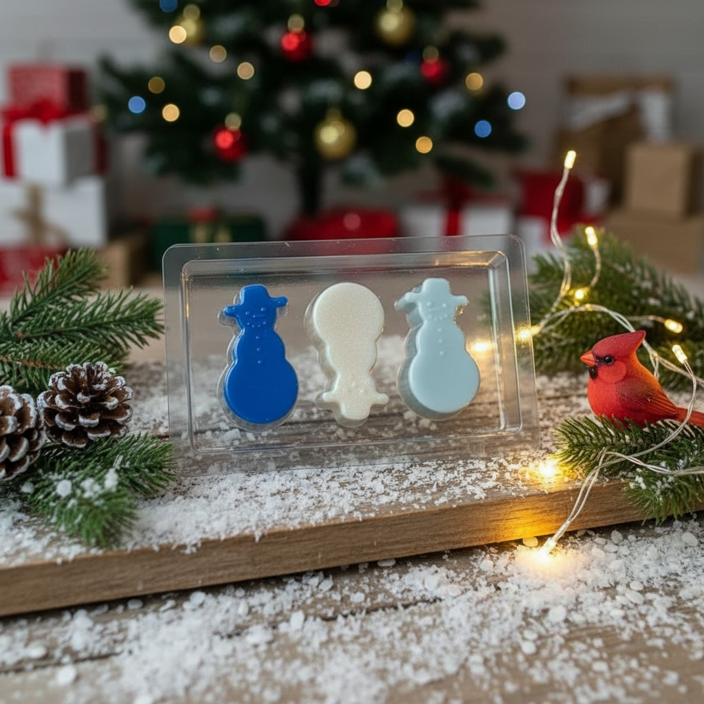 Snowmen shaped scented wax melts in festive packaging