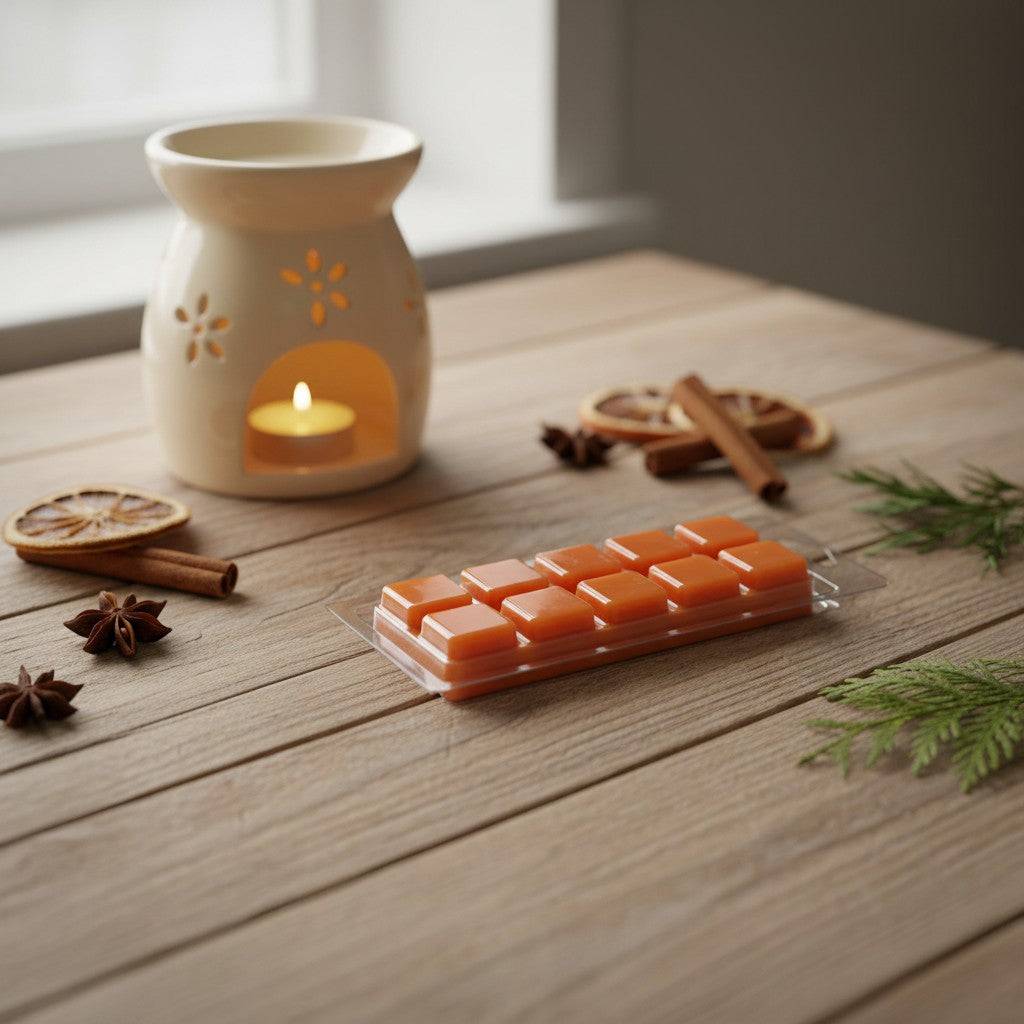 Spooky spiced pumpkin orange clamshell wax melt with triangular segments