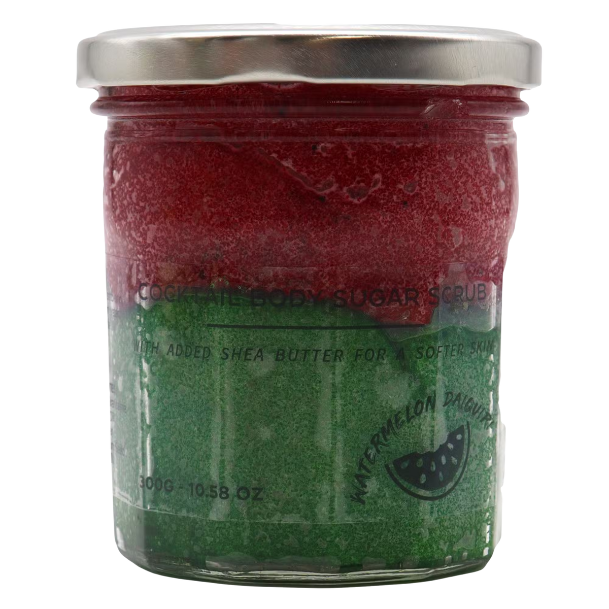 Sugar Body Scrub - Watermelon Daquiri in a clear jar with red and green layered sugar exfoliant and silver lid