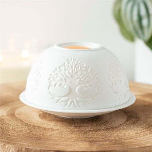 Tree of Life Dome Tealight Holder with intricate design, perfect for cozy ambiance.