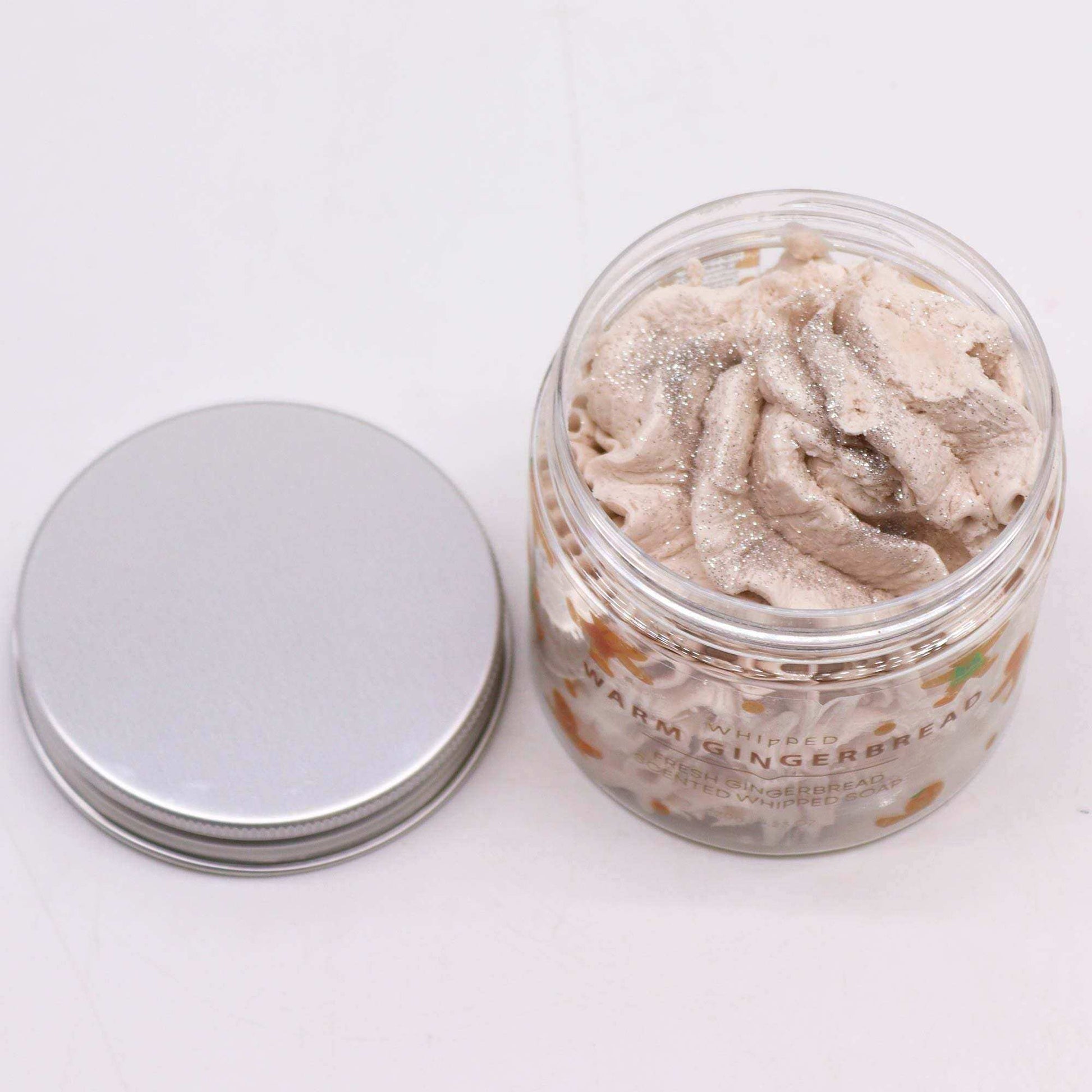 Warm Gingerbread Whipped Soap 120g jar with glittery whipped texture and gingerbread scent