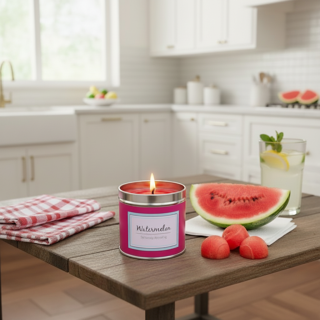 Watermelon Scented Candle in a small silver tin with vibrant pink wax, lit on a wooden table next to fresh watermelon slices and a glass of lemon water