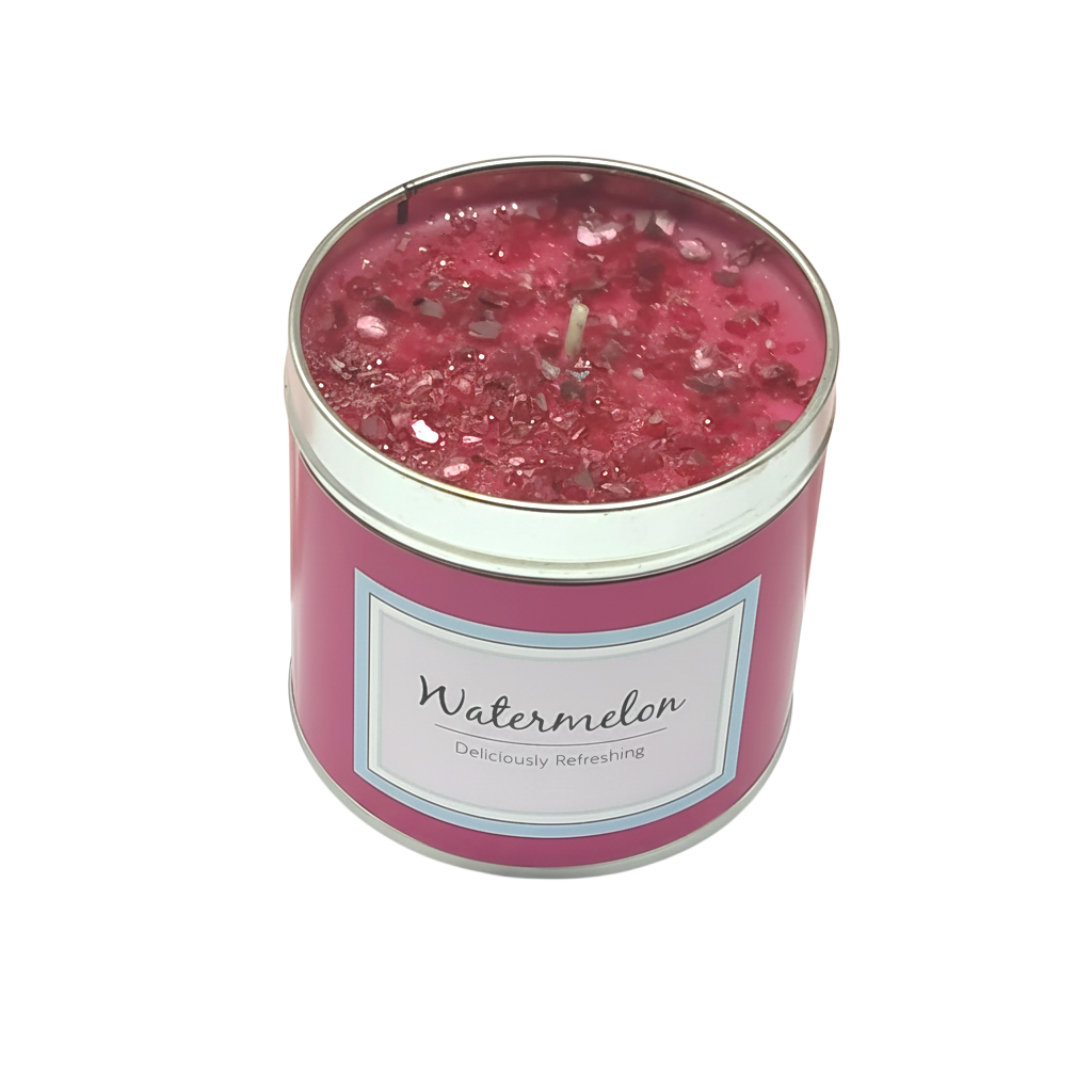 Watermelon Scented Candle in a pink container with glittery red wax topping and a centered wick, labeled Watermelon