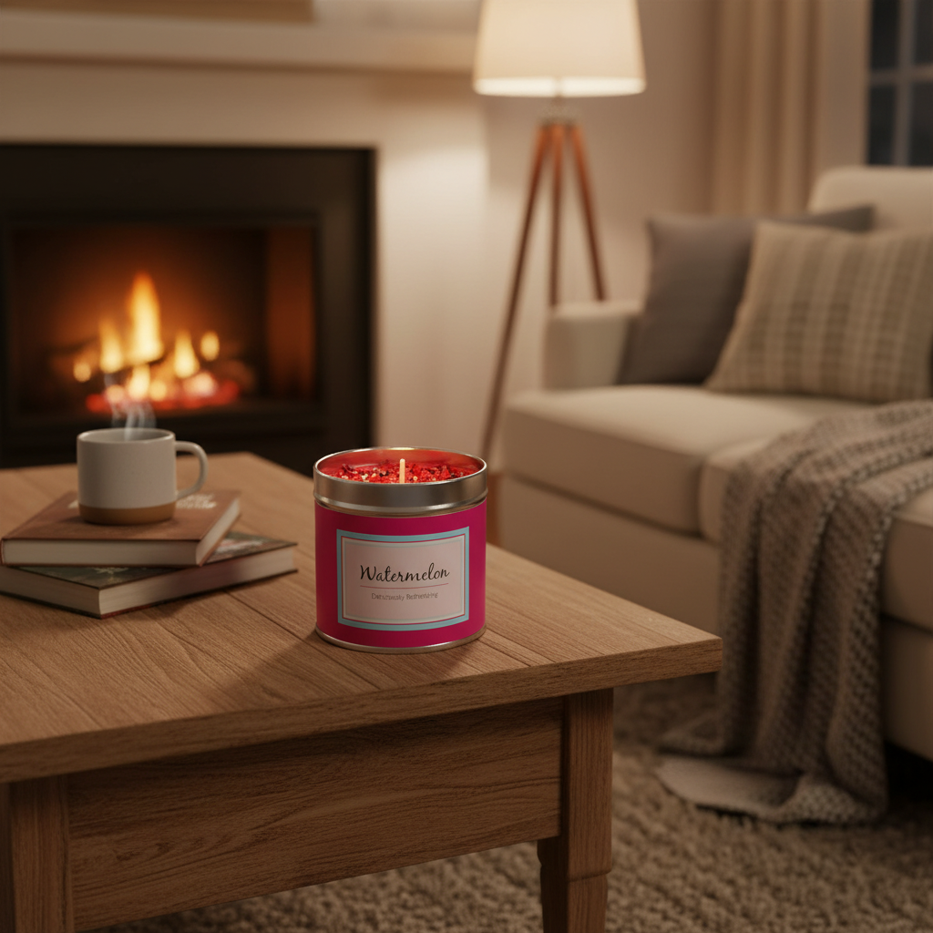 Watermelon Scented Candle in a vibrant pink container with sparkly red wax topping on a wooden table in a cozy living room