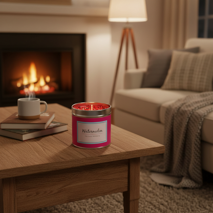 Watermelon Scented Candle in a vibrant pink container with sparkly red wax topping on a wooden table in a cozy living room