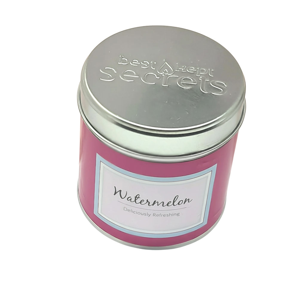 Watermelon Scented Candle in a vibrant pink metal container with silver lid and white label reading Watermelon Deliciously Refreshing