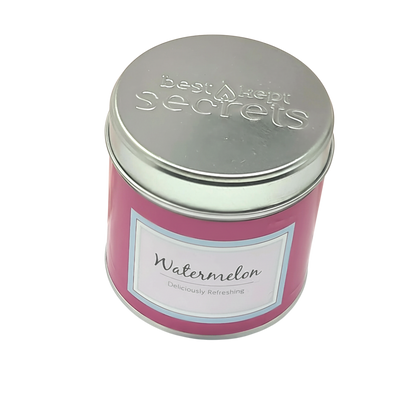 Watermelon Scented Candle in a vibrant pink metal container with silver lid and white label reading Watermelon Deliciously Refreshing