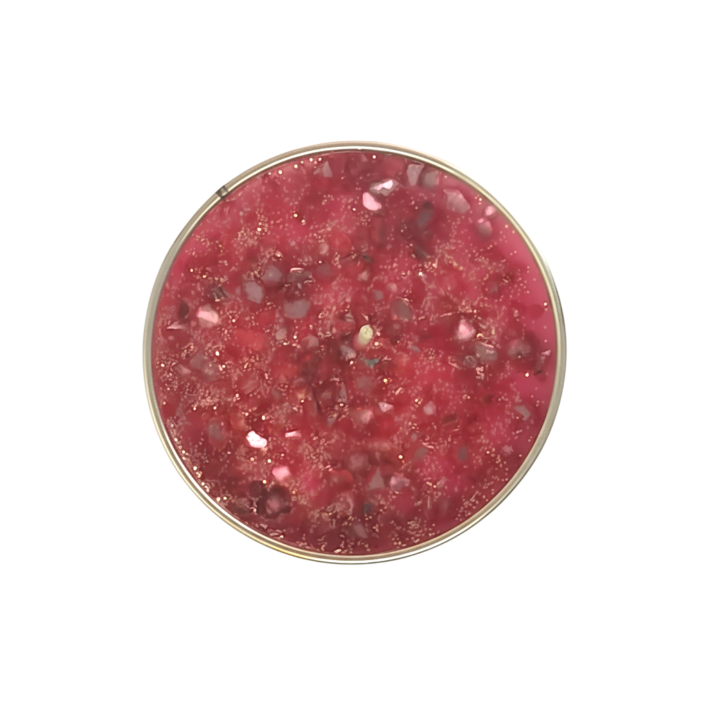 Watermelon Scented Candle with vibrant pink wax mixed with glittery and textured speckles creating a rich fruity look
