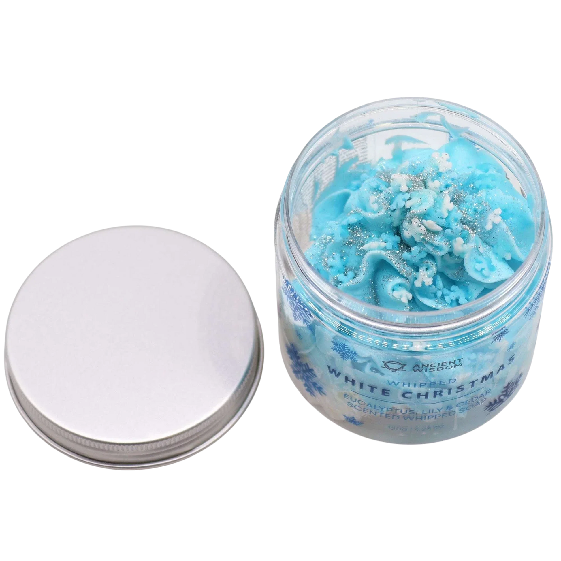White Christmas Whipped Soap 120g jar with festive glitter and snowflake decoration