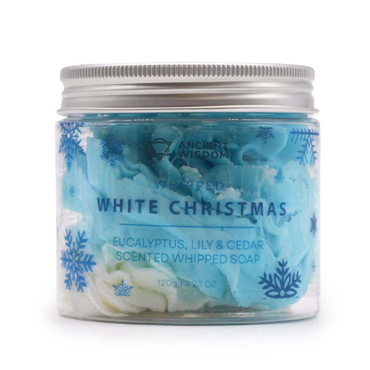 White Christmas Whipped Soap jar with glitter and snowflake decorations