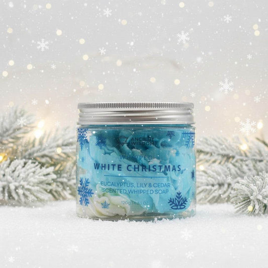 White Christmas Whipped Soap 120g jar with festive glitter and sugar snowflakes