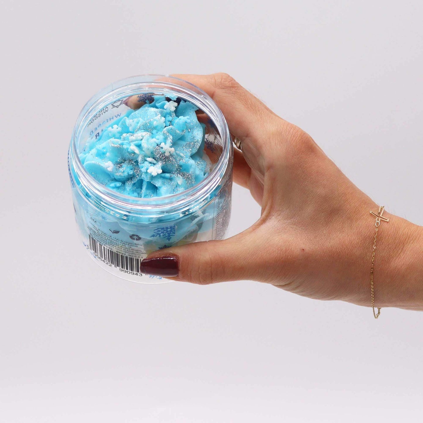 White Christmas whipped soap jar with glitter and snowflake decorations