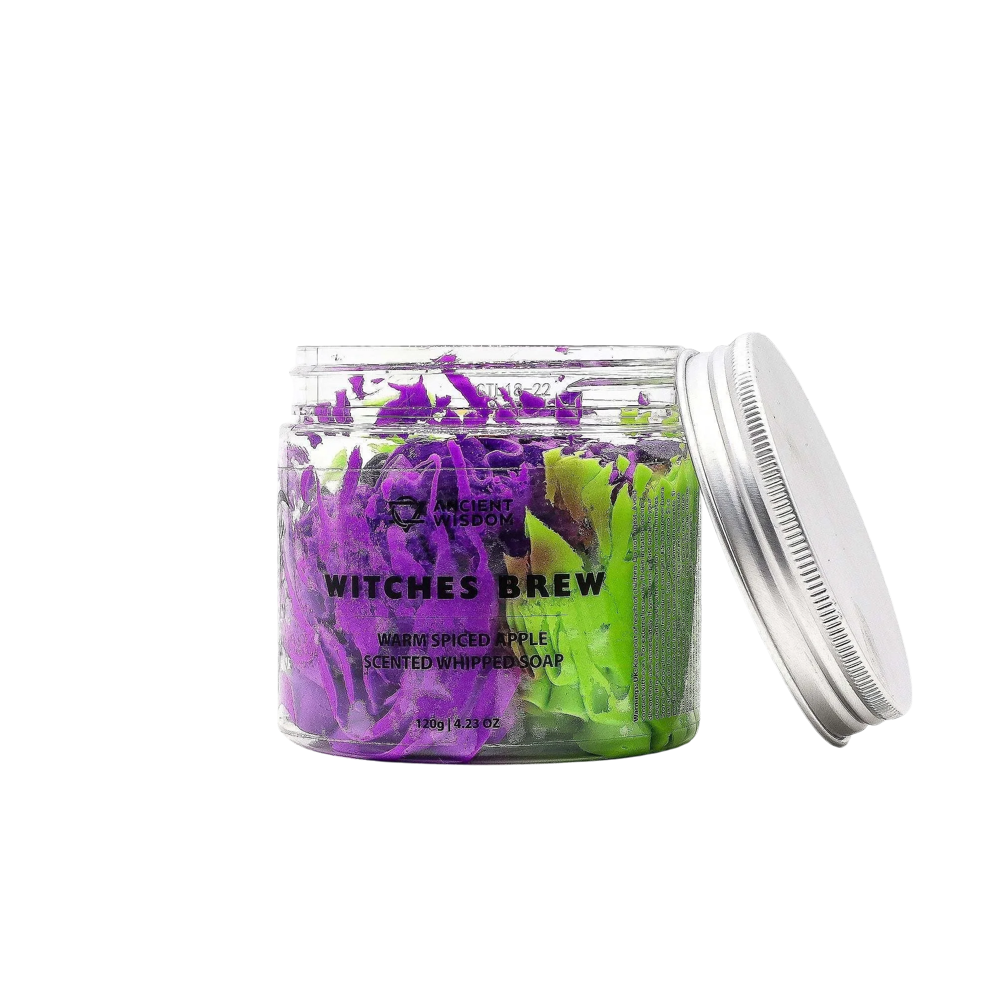 Witches Brew Whipped Soap 120g jar with creamy whipped texture and dark, spiced fragrance