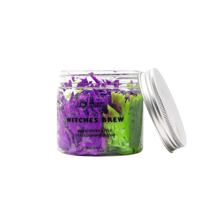 Witches Brew Whipped Soap 120g jar with creamy whipped texture and dark, spiced fragrance